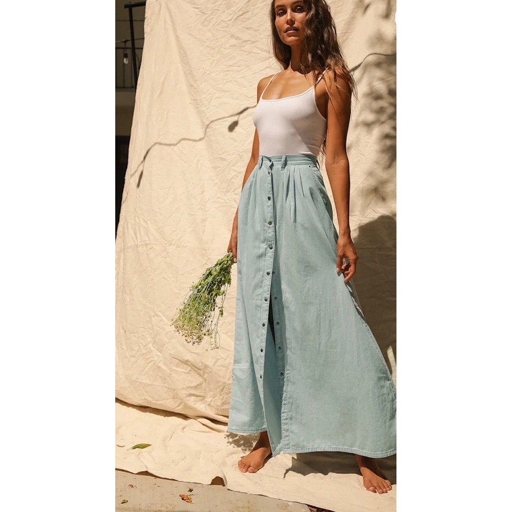 Pistola Maxi Skirt Blue Chambray Long Luxury Button Front Women's Small Cotton